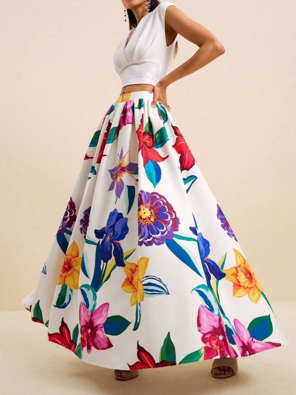 White Boho Women's Large Floral Print Flared Skirt - Picture 6 of 8